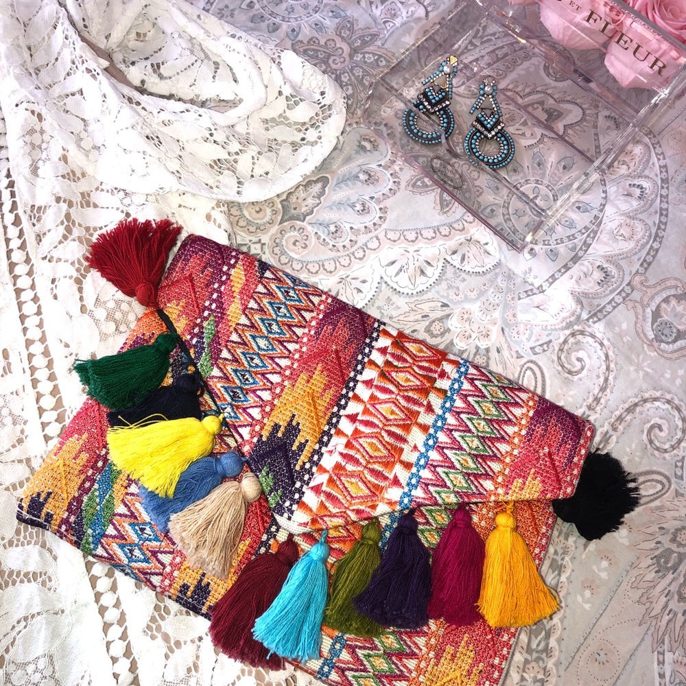 Frida Kahlo inspired clutch bag with tassels
